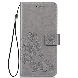 For iPhone 11 Pro Four-leaf Clasp Embossed Buckle Mobile Phone Protection Leather Casewith Lanyard & Card Slot & Wallet & Bracket Function (Gray)