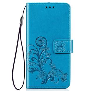 For iPhone 11 Pro Four-leaf Clasp Embossed Buckle Mobile Phone Protection Leather Casewith Lanyard & Card Slot & Wallet & Bracket Function (Blue)