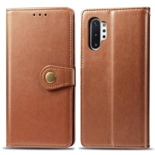 Retro Solid Color Leather Buckle Mobile Phone Protection Leather Case with Photo Frame & Card Slot & Wallet & Bracket Function for Galaxy Note10+(Brown)