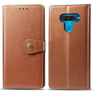 Retro Solid Color Leather Buckle Mobile Phone Protection Leather Case with Lanyard & Photo Frame & Card Slot & Wallet & Bracket Function for LG Q60(Brown)