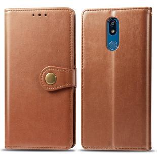 Retro Solid Color Leather Buckle Mobile Phone Protection Leather Case with Lanyard & Photo Frame & Card Slot & Wallet & Bracket Function for LG K40(Brown)