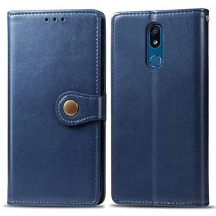 Retro Solid Color Leather Buckle Mobile Phone Protection Leather Case with Lanyard & Photo Frame & Card Slot & Wallet & Bracket Function for LG K40(Blue)