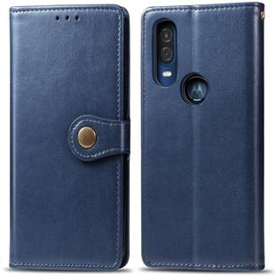 Retro Solid Color Leather Buckle Mobile Phone Protection Leather Case with Lanyard & Photo Frame & Card Slot & Wallet & Bracket Function for Motorola Moto P40(Blue)