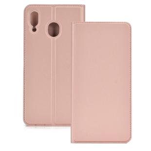 Electric Pressed Plain Texture Ultra-thin Magnetic Suction TPU + PU Leather Case with Holder & Card Slot for Galaxy M20(Rose gold)