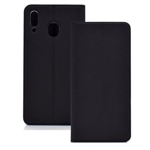 Electric Pressed Plain Texture Ultra-thin Magnetic Suction TPU + PU Leather Case with Holder & Card Slot for Galaxy M20(Black)