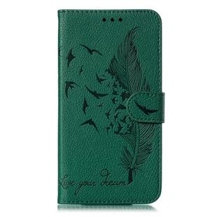 Feather Pattern Litchi Texture Horizontal Flip Leather Case with Wallet & Holder & Card Slots For Galaxy M30s(Green)