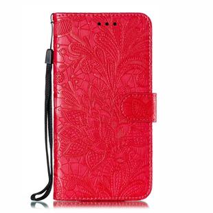 Lace Flower Embossing Pattern Horizontal Flip Leather Case for Moto P40 Play , with Holder & Card Slots & Wallet & Photo Frame & Lanyard(Red)