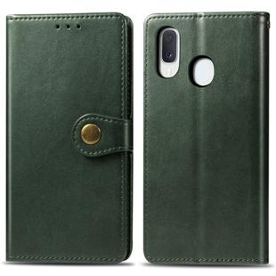 Retro Solid Color Leather Buckle Mobile Phone Protection Leather Case with Lanyard & Photo Frame & Card Slot & Wallet & Bracket Function for Galaxy A20e(Green)