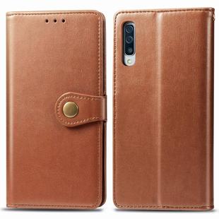 For Galaxy A30S Retro Solid Color Leather Buckle Phone Case with Lanyard & Photo Frame & Card Slot & Wallet & Stand Function(Brown)