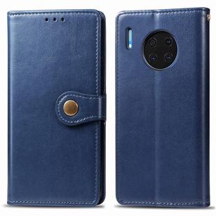 For Huawei Mate 30 Pro  Retro Solid Color Leather Buckle Phone Case with Lanyard & Photo Frame & Card Slot & Wallet & Stand Function(Blue)