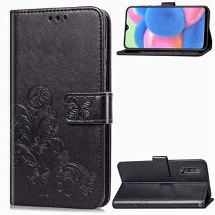 For Galaxy A30S Four-leaf Clasp Embossed Buckle Mobile Phone Protection Leather Case with Lanyard & Card Slot & Wallet & Bracket Function(Black)