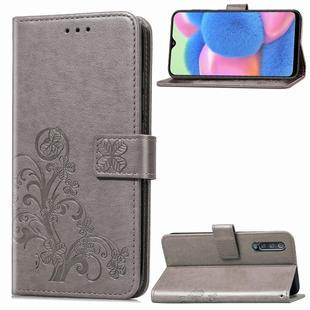 For Galaxy A30S Four-leaf Clasp Embossed Buckle Mobile Phone Protection Leather Case with Lanyard & Card Slot & Wallet & Bracket Function(Gray)