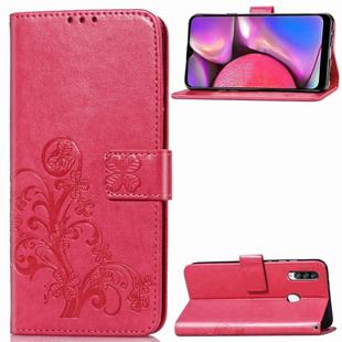 For Galaxy A20S Four-leaf Clasp Embossed Buckle Mobile Phone Protection Leather Case with Lanyard & Card Slot & Wallet & Bracket Function(Magenta)