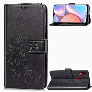 For Galaxy A10s Four-leaf Clasp Embossed Buckle Mobile Phone Protection Leather Case with Lanyard & Card Slot & Wallet & Bracket Function(Black)