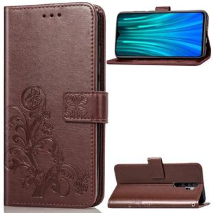For Xiaomi Redmi Note 8 Pro Four-leaf Clasp Embossed Buckle Mobile Phone Protection Leather Case with Lanyard & Card Slot & Wallet & Bracket Function(Brown)