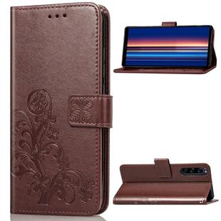 For Sony Xperia 5 Four-leaf Clasp Embossed Buckle Mobile Phone Protection Leather Case with Lanyard & Card Slot & Wallet & Bracket Function(Brown)