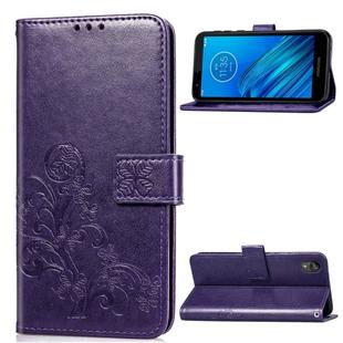 For Moto E6  Four-leaf Clasp Embossed Buckle Mobile Phone Protection Leather Case with Lanyard & Card Slot & Wallet & Bracket Function(Purple)