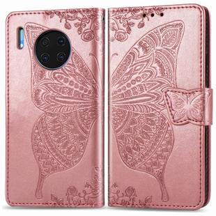 For Huawei Mate 30 Pro Butterfly Love Flower Embossed Horizontal Flip Leather Case with Bracket / Card Slot / Wallet / Lanyard(Rose gold)