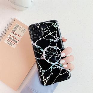 For iPhone 11 Pro TPU Glossy Laser Marble Colorful Mobile Phone Protective Casewith Folding Bracket(Black)
