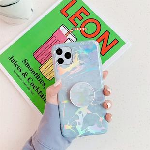 For iPhone 11 Pro TPU Glossy Laser Marble Colorful Mobile Phone Protective Casewith Folding Bracket(Blue)