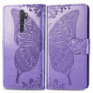 For OPPO A5 (2020) / A9 (2020) Butterfly Love Flower Embossed Horizontal Flip Leather Case with Bracket Lanyard Card Slot Wallet(Light Purple)