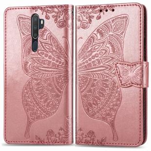 For OPPO A5 (2020) / A9 (2020) Butterfly Love Flower Embossed Horizontal Flip Leather Case with Bracket Lanyard Card Slot Wallet(Rose Gold)