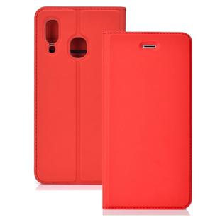 For Galaxy A40 Ultra-thin Voltage Plain Magnetic Suction Magnetic Suction Card TPU+PU Case with Card Slot & Holder(Red)