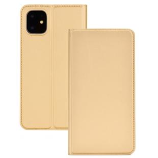 For iPhone 11 Ultra-thin Voltage Plain Magnetic Suction Card TPU+PU Mobile Phone Jacket with Chuck and Bracket(Gold)