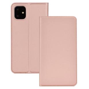 For iPhone 11 Pro Max Ultra-thin Voltage Plain Magnetic Suction Card TPU+PU Mobile Phone Jacket with Chuck and Bracket(Rose Gold)