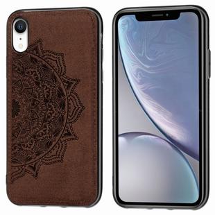 For iPhone XR Embossed Mandala Pattern PC + TPU + Fabric Phone Case with Lanyard & Magnetic(Brown)