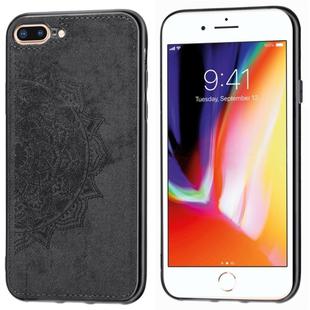 For iPhone 8 Plus & 7 Plus Embossed Mandala Pattern PC + TPU + Fabric Phone Case with Lanyard & Magnetic(Black)