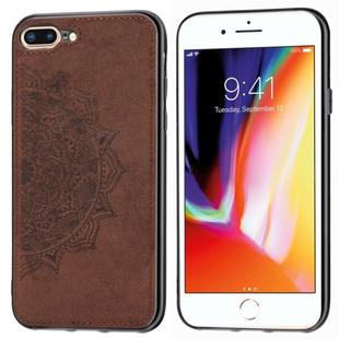 For iPhone 8 Plus & 7 Plus Embossed Mandala Pattern PC + TPU + Fabric Phone Case with Lanyard & Magnetic(Brown)