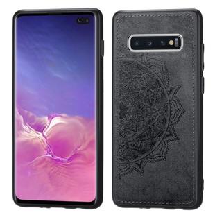 For Galaxy S10+ Embossed Mandala Pattern PC + TPU + Fabric Phone Case with Lanyard & Magnetic(Black)
