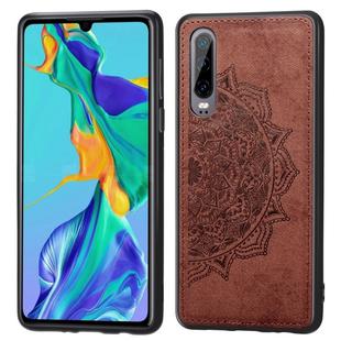 For Huawei P30 Embossed Mandala Pattern PC + TPU + Fabric Phone Case with Lanyard & Magnetic(Brown)