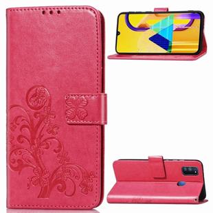 For Galaxy M30   Four-leaf Clasp Embossed Buckle Mobile Phone Protection Leather Case with Lanyard & Card Slot & Wallet & Bracket Function(Magenta)