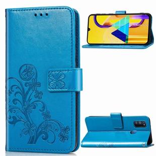 For Galaxy M30   Four-leaf Clasp Embossed Buckle Mobile Phone Protection Leather Case with Lanyard & Card Slot & Wallet & Bracket Function(Blue)