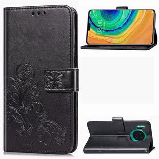 For Huawei Mate 30 Four-leaf Clasp Embossed Buckle Mobile Phone Protection Leather Case with Lanyard & Card Slot & Wallet & Bracket Function(Black)