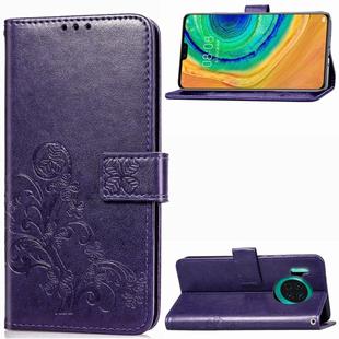 For Huawei Mate 30 Four-leaf Clasp Embossed Buckle Mobile Phone Protection Leather Case with Lanyard & Card Slot & Wallet & Bracket Function(Purple)