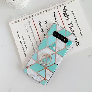 For Galaxy S10 Plus  Plating Colorful Geometric Pattern Mosaic Marble TPU Mobile Phone Case Rhinestone Stand Ring(Green PR2)