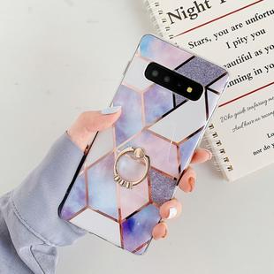For Galaxy S10e   Plating Colorful Geometric Pattern Mosaic Marble TPU Mobile Phone Case Rhinestone Stand Ring(Purple PR4)