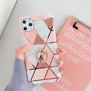 For iPhone 11 Pro Plating Colorful Geometric Pattern Mosaic Marble TPU Mobile Phone CaseRhinestone Stand Ring(Pink PR1)