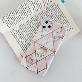For iPhone 11 Pro Plating Colorful Geometric Pattern Mosaic Marble TPU Mobile Phone CaseRhinestone Stand Ring(White PR3)
