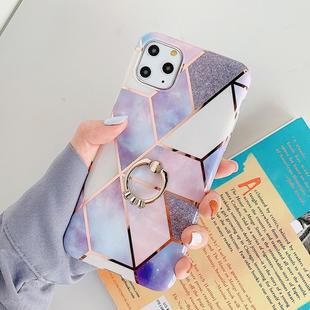 For iPhone 11 Pro Plating Colorful Geometric Pattern Mosaic Marble TPU Mobile Phone CaseRhinestone Stand Ring(Purple PR4)