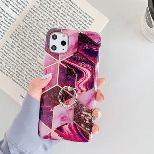 For iPhone 11 Pro Plating Colorful Geometric Pattern Mosaic Marble TPU Mobile Phone CaseRhinestone Stand Ring(Magenta PR5)