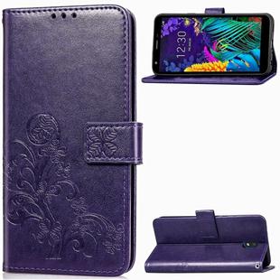 For LG K30 2019   Four-leaf Clasp Embossed Buckle Mobile Phone Protection Leather Case with Lanyard & Card Slot & Wallet & Bracket Function(Purple)