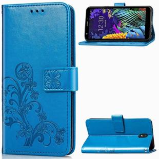 For LG K30 2019   Four-leaf Clasp Embossed Buckle Mobile Phone Protection Leather Case with Lanyard & Card Slot & Wallet & Bracket Function(Blue)