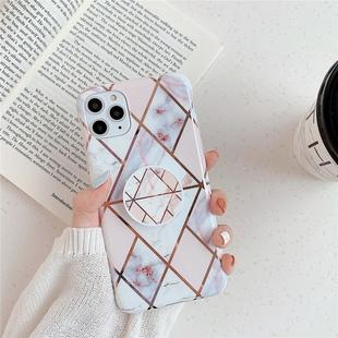 For iPhone 11 Plating Colorful Geometric Pattern Mosaic Marble TPU Mobile Phone Case with Folding Bracket(White PF3)