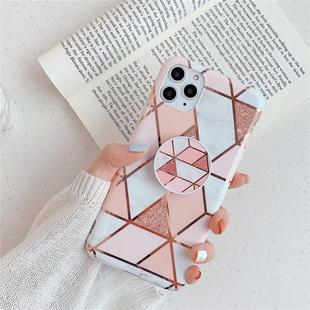 For iPhone 11 Pro Max Plating Colorful Geometric Pattern Mosaic Marble TPU Mobile Phone Case with Folding Bracket(Pink PF1)
