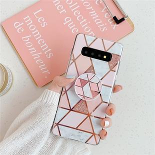 For Galaxy S10  Plating Colorful Geometric Pattern Mosaic Marble TPU Mobile Phone Case with Folding Bracket(Pink PF1)