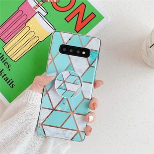 For Galaxy S10e  Plating Colorful Geometric Pattern Mosaic Marble TPU Mobile Phone Case with Folding Bracket(Green PF2)
